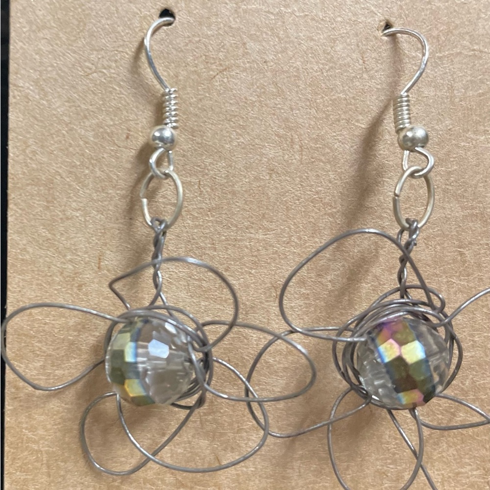 Iridescent Silver Wire Flower Earrings
